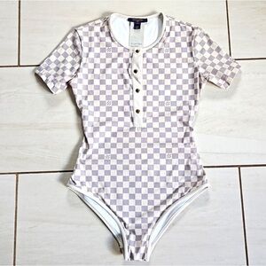 Louis Vuitton Damier Azure Print Bodysuit Swimsuit Gold Snaps LV Logo [size 36]
